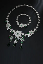Emerald Green Flower Bracelet Necklace Jewelry Set